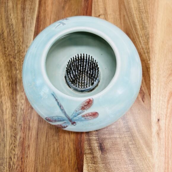 Jamie Oates Studio Pottery Ikebana Flower Frog Vase Dragonfly Celadon Artisan - Picture 2 of 12